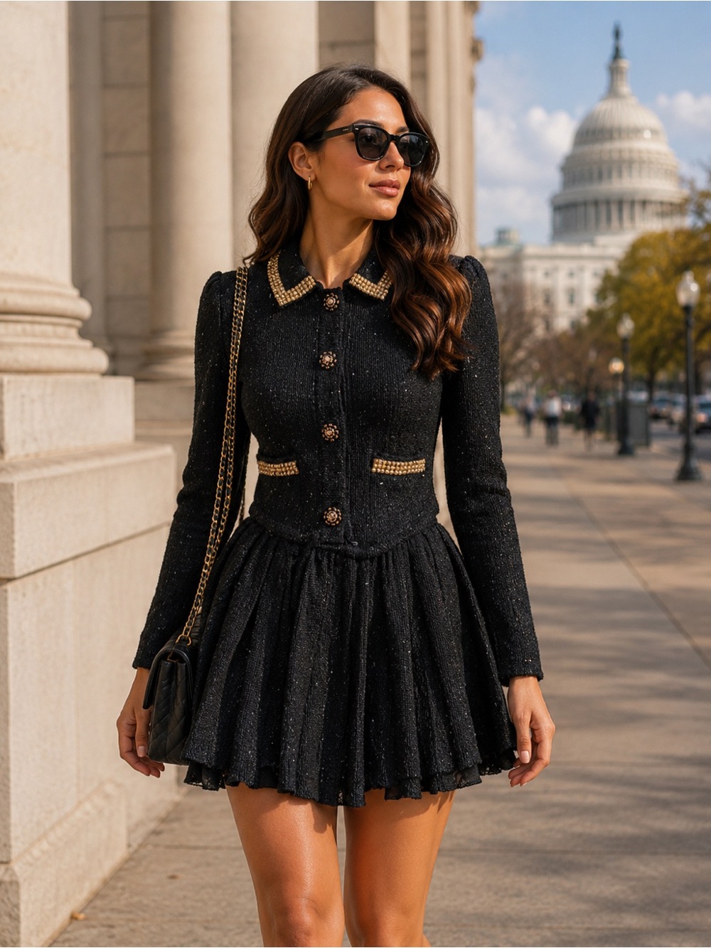 Elegant Black knit Long-Sleeve jacket & Mini skirt with Gold Trim